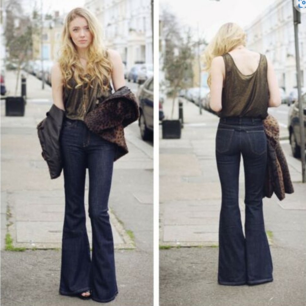 Anthro CURRENT ELLIOTT Low Waist Wide Leg Jean Dark Blue Bell Bottom w26 Zip Fly